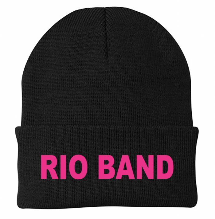 black beanie with Rio Band in pink lettering